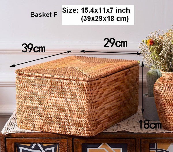 Woven Storage Baskets, Rectangular Storage Basket with Lid, Large Storage Basket for Clothes, Storage Baskets for Shelves, Kitchen Storage Baskets-HomePaintingDecor
