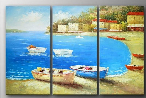 Italian Mediterranean Sea, Landscape Art, Boat Art, Canvas Painting, Living Room Wall Art, Oil on Canvas, 3 Piece Oil Painting, Large Wall Art-HomePaintingDecor