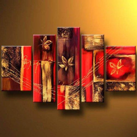Abstract Flower Painting, Red Canvas Painting, Extra Large Wall Art, Acrylic Art, 5 Panel Painting Set-HomePaintingDecor