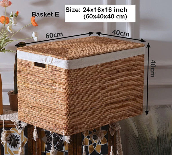 Oversized Storage Baskets for Bedroom, Rectangular Woven Storage Baskets for Clothes, Large Rectangular Storage Basket with Lid, Rattan Storage Case-HomePaintingDecor