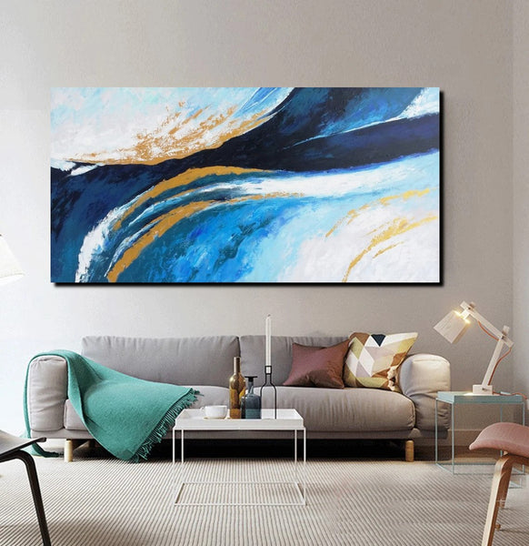 Living Room Wall Art Paintings, Blue Acrylic Abstract Painting Behind Couch, Large Painting on Canvas, Buy Paintings Online, Acrylic Painting for Sale-HomePaintingDecor
