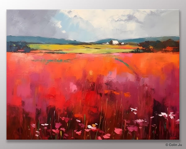 Abstract Canvas Painting, Landscape Paintings for Living Room, Red Poppy Field Painting, Original Hand Painted Wall Art, Abstract Landscape Art-HomePaintingDecor