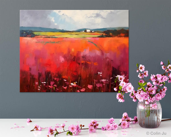 Abstract Canvas Painting, Landscape Paintings for Living Room, Red Poppy Field Painting, Original Hand Painted Wall Art, Abstract Landscape Art-HomePaintingDecor