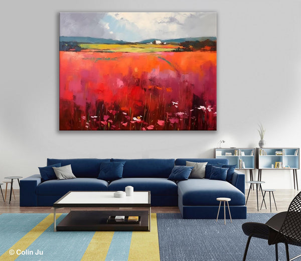 Abstract Canvas Painting, Landscape Paintings for Living Room, Red Poppy Field Painting, Original Hand Painted Wall Art, Abstract Landscape Art-HomePaintingDecor