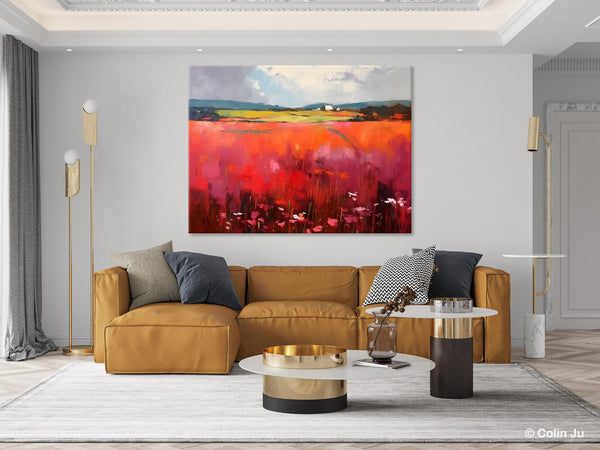 Abstract Canvas Painting, Landscape Paintings for Living Room, Red Poppy Field Painting, Original Hand Painted Wall Art, Abstract Landscape Art-HomePaintingDecor