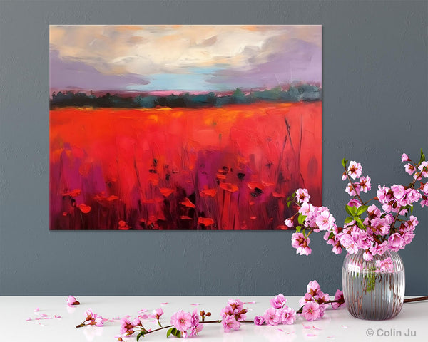 Simple Modern Art, Original Landscape Painting, Landscape Paintings for Living Room, Poppy Filed Canvas Paintings, Large Wall Art Paintings-HomePaintingDecor