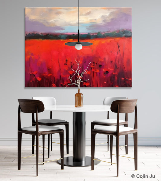 Simple Modern Art, Original Landscape Painting, Landscape Paintings for Living Room, Poppy Filed Canvas Paintings, Large Wall Art Paintings-HomePaintingDecor