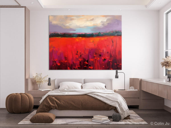 Simple Modern Art, Original Landscape Painting, Landscape Paintings for Living Room, Poppy Filed Canvas Paintings, Large Wall Art Paintings-HomePaintingDecor