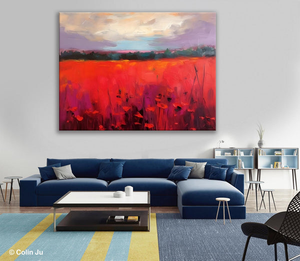 Simple Modern Art, Original Landscape Painting, Landscape Paintings for Living Room, Poppy Filed Canvas Paintings, Large Wall Art Paintings-HomePaintingDecor