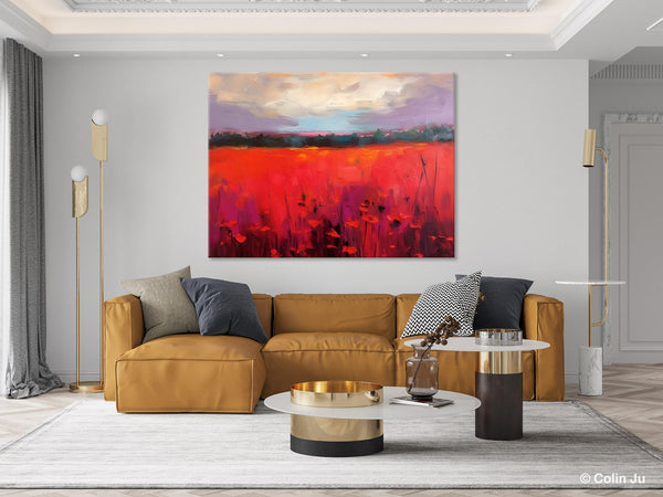 Simple Modern Art, Original Landscape Painting, Landscape Paintings for Living Room, Poppy Filed Canvas Paintings, Large Wall Art Paintings-HomePaintingDecor