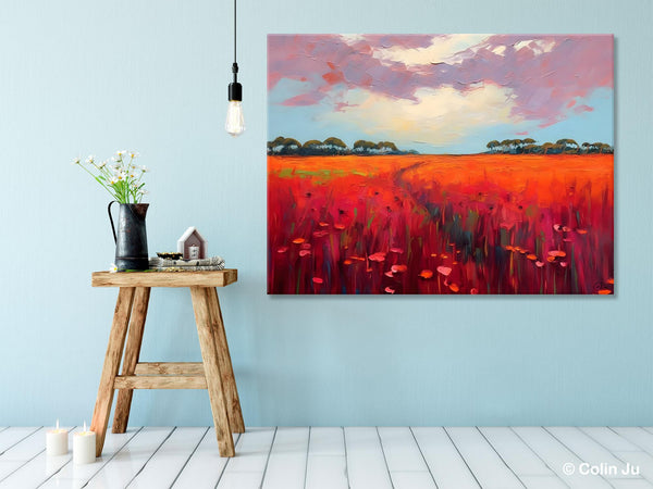 Acrylic Abstract Art, Landscape Canvas Paintings, Red Poppy Flower Field Painting, Landscape Acrylic Painting, Living Room Wall Art Paintings-HomePaintingDecor