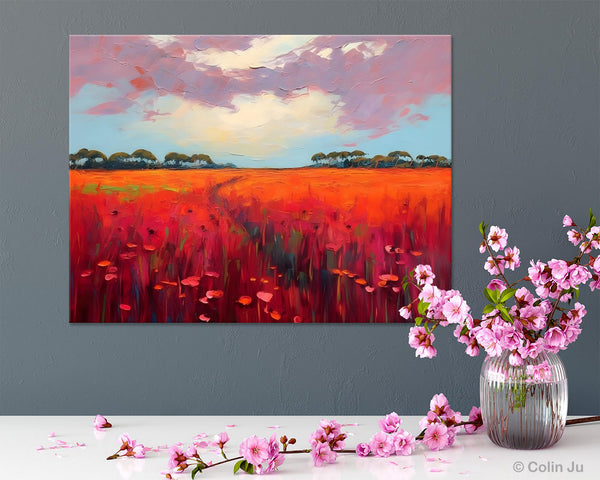Acrylic Abstract Art, Landscape Canvas Paintings, Red Poppy Flower Field Painting, Landscape Acrylic Painting, Living Room Wall Art Paintings-HomePaintingDecor