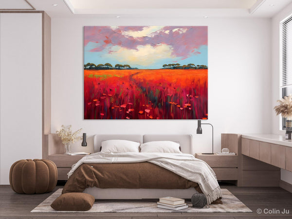 Acrylic Abstract Art, Landscape Canvas Paintings, Red Poppy Flower Field Painting, Landscape Acrylic Painting, Living Room Wall Art Paintings-HomePaintingDecor