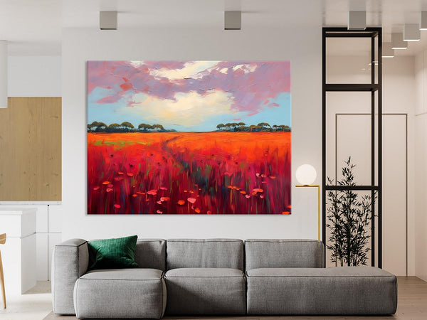Acrylic Abstract Art, Landscape Canvas Paintings, Red Poppy Flower Field Painting, Landscape Acrylic Painting, Living Room Wall Art Paintings-HomePaintingDecor