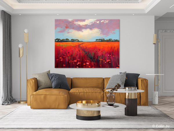 Acrylic Abstract Art, Landscape Canvas Paintings, Red Poppy Flower Field Painting, Landscape Acrylic Painting, Living Room Wall Art Paintings-HomePaintingDecor