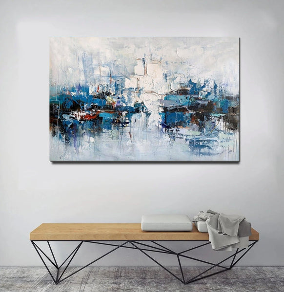 Large Wall Art Paintings Behind Sofa, Acrylic Paintings on Canvas, Acrylic Painting for Bedroom, Blue Modern Paintings, Heavy Texture Canvas Art-HomePaintingDecor