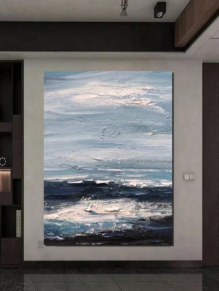 Contemporary Modern Art, Impasto Paintings, Blue Simple Modern Art, Living Room Wall Art Ideas, Palette Knife Paintings, Large Modern Art Ideas-HomePaintingDecor