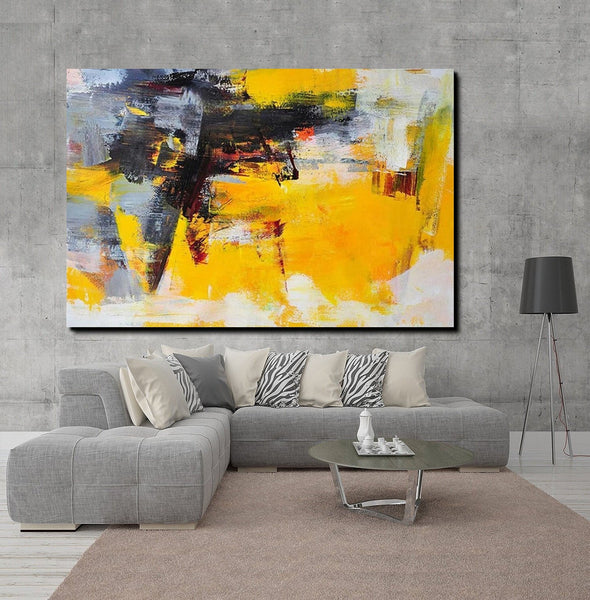 Living Room Modern Paintings, Yellow Acylic Abstract Paintings, Large Painting Behind Sofa, Buy Abstract Painting Online, Simple Modern Art-HomePaintingDecor