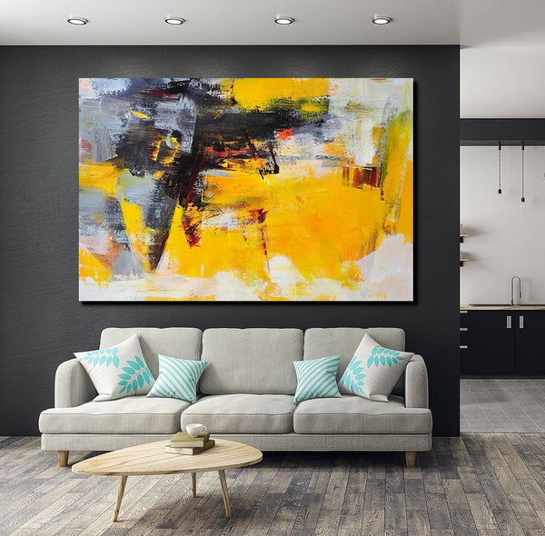 Living Room Modern Paintings, Yellow Acylic Abstract Paintings, Large Painting Behind Sofa, Buy Abstract Painting Online, Simple Modern Art-HomePaintingDecor