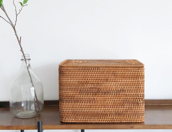 Woven Rattan Baskets, Rectangular Basket with Lid, Rectangular Storage Baskets, Storage Basket for Bedroom, Kitchen Storage Baskets-HomePaintingDecor