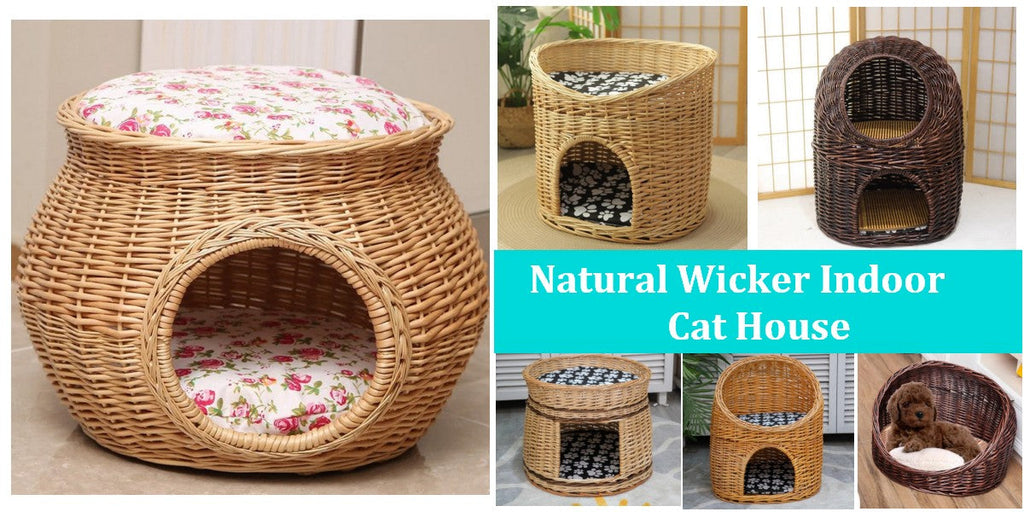 Indoor Cat House Ideas, Natural Wicker Dog Bed with Washable Cushion for Indoor Cats and Dogs, Hand woven Rattan Cat Home