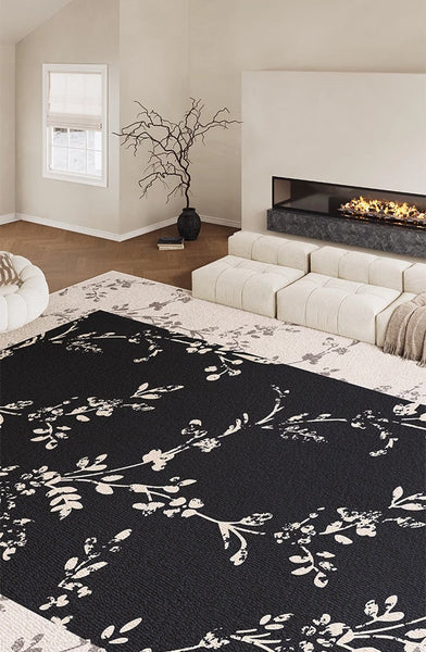 Contemporary Floor Carpets for Living Room, Large Modern Rugs for Sale, Dining Room Modern Rugs, Black Flower Pattern Geometric Modern Rugs in Bedroom-HomePaintingDecor