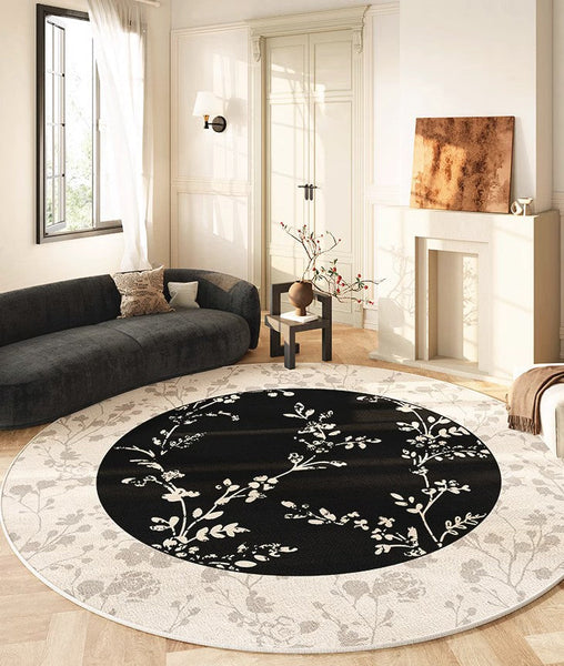 Contemporary Round Rugs for Dining Room, Flower Pattern Round Carpets under Coffee Table, Circular Modern Rugs for Living Room, Modern Area Rugs for Bedroom-HomePaintingDecor