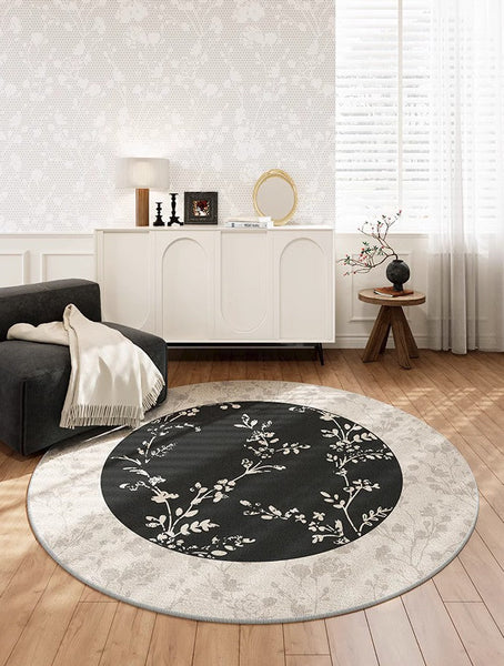 Contemporary Round Rugs for Dining Room, Flower Pattern Round Carpets under Coffee Table, Circular Modern Rugs for Living Room, Modern Area Rugs for Bedroom-HomePaintingDecor