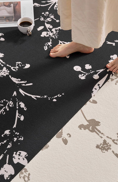 Contemporary Floor Carpets for Living Room, Large Modern Rugs for Sale, Dining Room Modern Rugs, Black Flower Pattern Geometric Modern Rugs in Bedroom-HomePaintingDecor