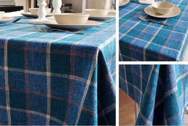 Modern Blue Table Cover, Blue Checked Linen Tablecloth, Rustic Home Decor, Checkerboard Tablecloth for Dining Room Table-HomePaintingDecor