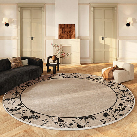 Flower Pattern Round Carpets under Coffee Table, Contemporary Round Rugs for Dining Room, Circular Modern Rugs for Living Room, Modern Area Rugs for Bedroom-HomePaintingDecor