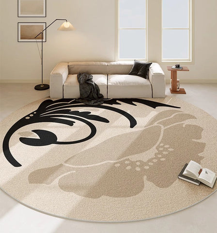 Dining Room Round Rugs, Modern Area Rugs under Coffee Table, Round Modern Rugs, Flower Pattern Abstract Contemporary Area Rugs, Modern Rugs in Bedroom-HomePaintingDecor