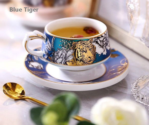 Jungle Tiger Cheetah Porcelain Tea Cups, Creative Ceramic Cup and Saucer, Unique Ceramic Coffee Cups with Gold Trim and Gift Box-HomePaintingDecor