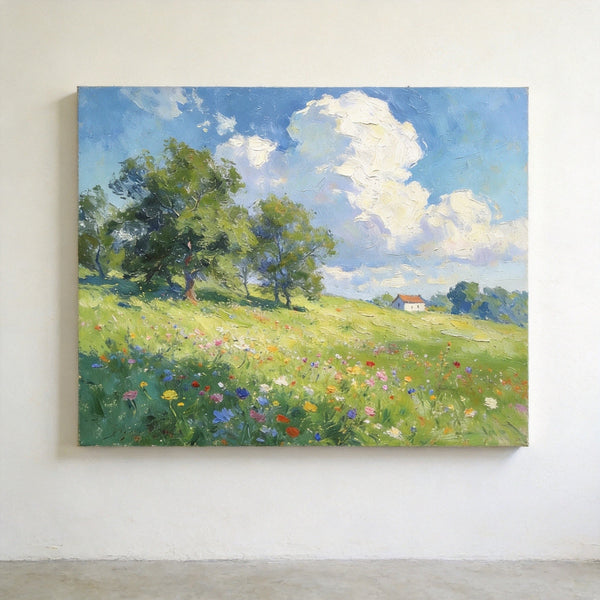 Original Landscape Paintings, Wildflower Hillside Under Soft Clouds, Buy Original Artwork Online, Hand Painted Canvas Art, Small Canvas Wall Art Paintings-HomePaintingDecor