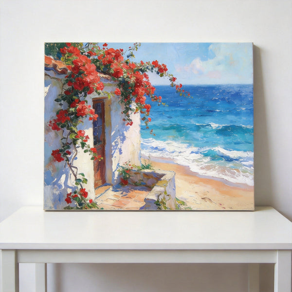Buy Original Oil Paintings Online, Bougainvillea by the Turquoise Shore, Original Small Paintings, Seashore Beach Painting, Hand Painted Canvas Art, Small Canvas Wall Art Paintings-HomePaintingDecor