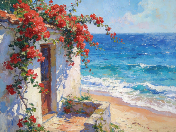 Buy Original Oil Paintings Online, Bougainvillea by the Turquoise Shore, Original Small Paintings, Seashore Beach Painting, Hand Painted Canvas Art, Small Canvas Wall Art Paintings-HomePaintingDecor