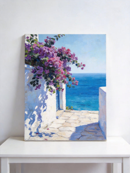 Original Landscape Paintings, Blooming Purple Bougainvillea and the Azure Mediterranean, Hand Painted Canvas Art, Small Canvas Wall Art Paintings, Original Oil Paintings