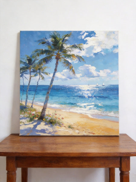 Hand Painted Canvas Art, Sunlit Palm Shore with Sails, Seashore Beach Painting, Small Canvas Artwork, Original Landscape Paintings, Buy Small Paintings Online