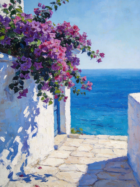 Original Landscape Paintings, Blooming Purple Bougainvillea and the Azure Mediterranean, Hand Painted Canvas Art, Small Canvas Wall Art Paintings, Original Oil Paintings-HomePaintingDecor