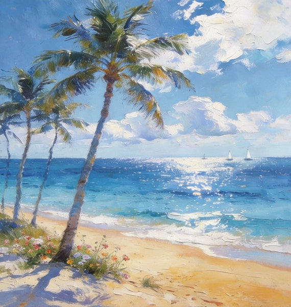 Hand Painted Canvas Art, Sunlit Palm Shore with Sails, Seashore Beach Painting, Small Canvas Artwork, Original Landscape Paintings, Buy Small Paintings Online-HomePaintingDecor
