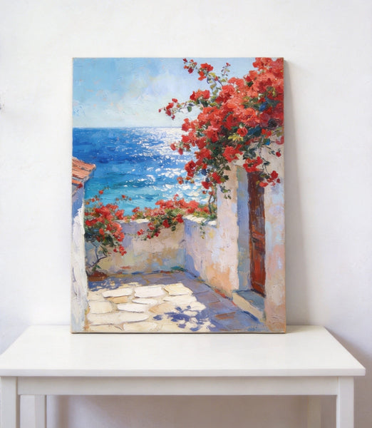 Crimson Blooms and Azure Mediterranean, Hand Painted Canvas Art, Original Landscape Paintings, Small Canvas Wall Art Paintings, Original Oil Paintings-HomePaintingDecor