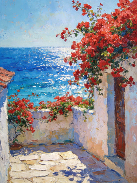 Crimson Blooms and Azure Mediterranean, Hand Painted Canvas Art, Original Landscape Paintings, Small Canvas Wall Art Paintings, Original Oil Paintings