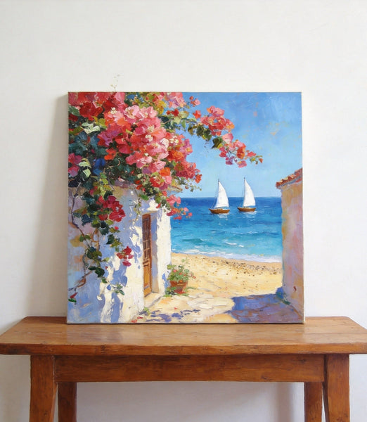 Blooming Bougainvillea and the Azure Mediterranean, Hand Painted Canvas Art, Seashore Beach Paintings, Original Oil Paintings, Buy Small Artwork Online-HomePaintingDecor