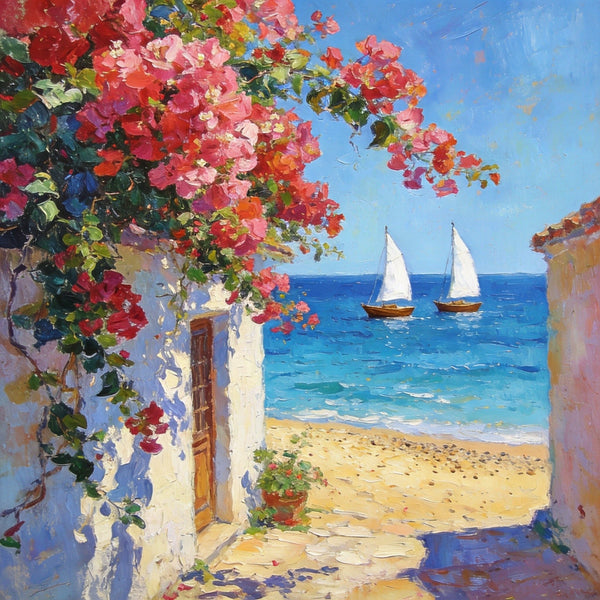 Blooming Bougainvillea and the Azure Mediterranean, Hand Painted Canvas Art, Seashore Beach Paintings, Original Oil Paintings, Buy Small Artwork Online-HomePaintingDecor