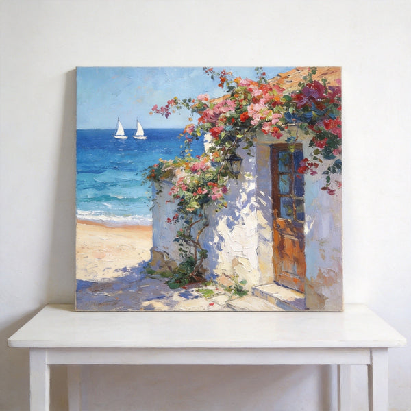 Hand Painted Canvas Art, Blooming Bougainvillea and the Azure Mediterranean, Seashore Beach Paintings, Original Oil Paintings, Buy Small Artwork Online-HomePaintingDecor