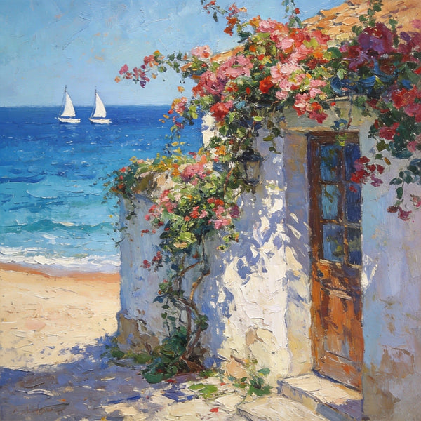 Hand Painted Canvas Art, Blooming Bougainvillea and the Azure Mediterranean, Seashore Beach Paintings, Original Oil Paintings, Buy Small Artwork Online-HomePaintingDecor