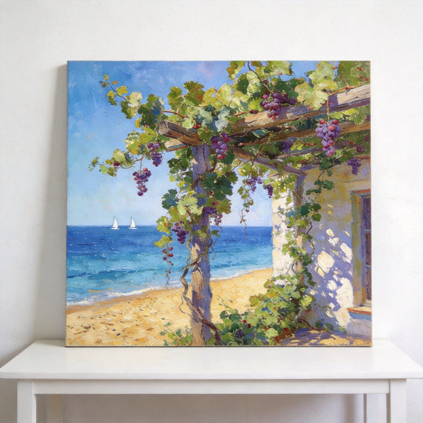 Hand Painted Canvas Art, Summer Glow on the Vine-Covered Terrace, Seashore Beach Paintings, Original Oil Paintings, Buy Small Artwork Online-HomePaintingDecor