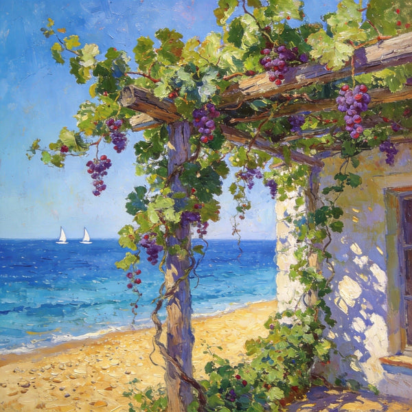 Hand Painted Canvas Art, Summer Glow on the Vine-Covered Terrace, Seashore Beach Paintings, Original Oil Paintings, Buy Small Artwork Online