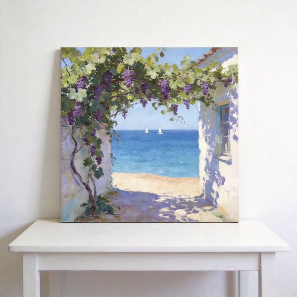 Summer Glow on the Vine-Covered Terrace, Seashore Beach Paintings, Hand Painted Canvas Art, Original Oil Paintings, Buy Small Artwork Online
