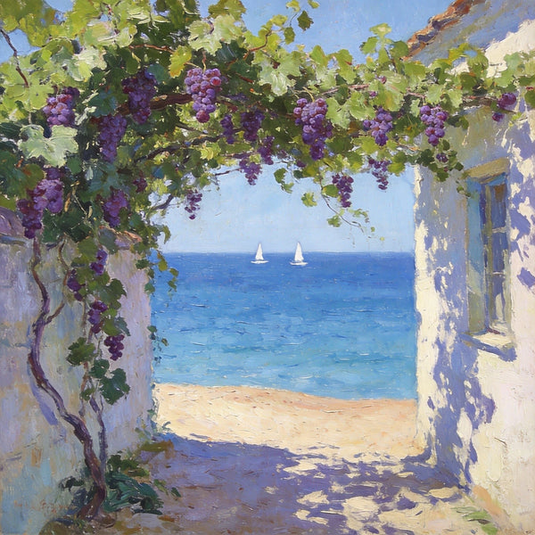 Summer Glow on the Vine-Covered Terrace, Seashore Beach Paintings, Hand Painted Canvas Art, Original Oil Paintings, Buy Small Artwork Online